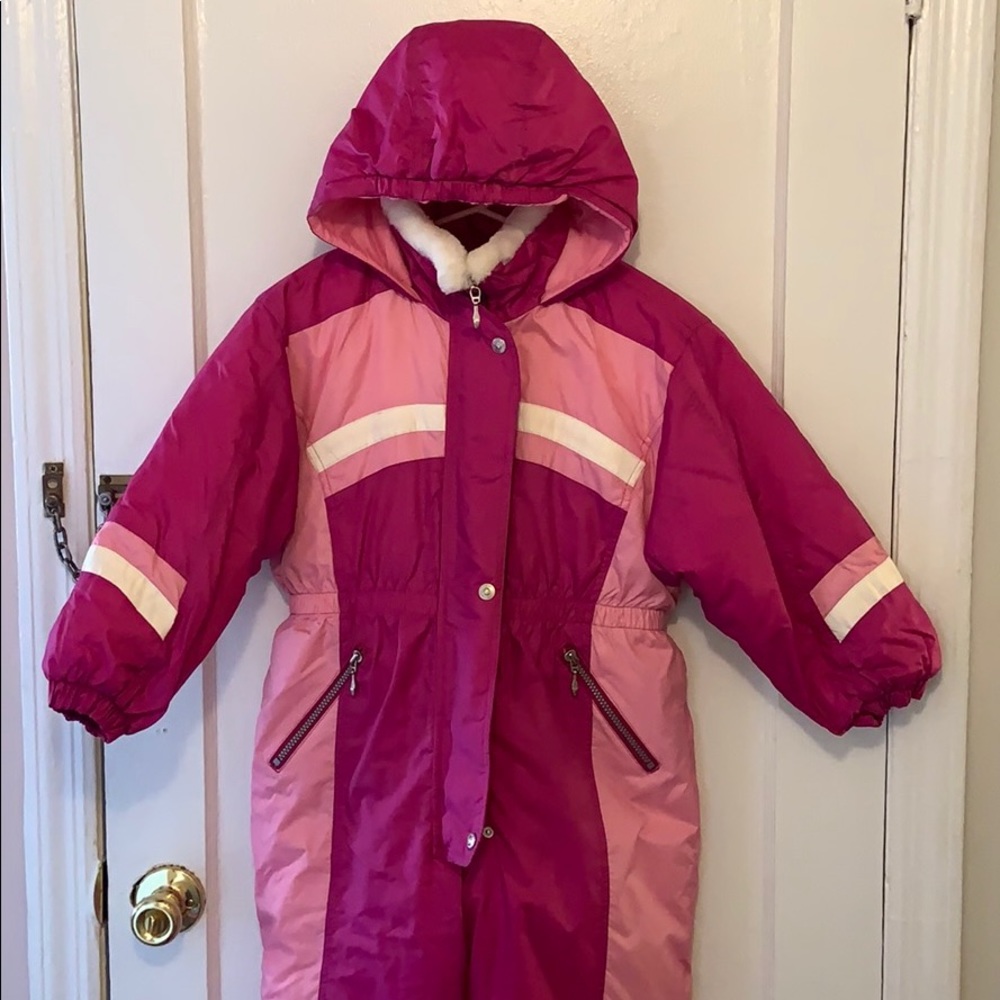 Size:7/8 Girls' Hooded Pink Colorblock Winter Snowsuit Jacket, jumpsuit for snow